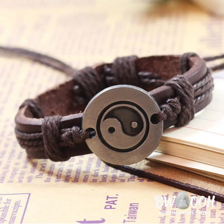 Buddha Stones Retro Yin Yang Leather Harmony String Bracelet - BWOOOH - Bracelet