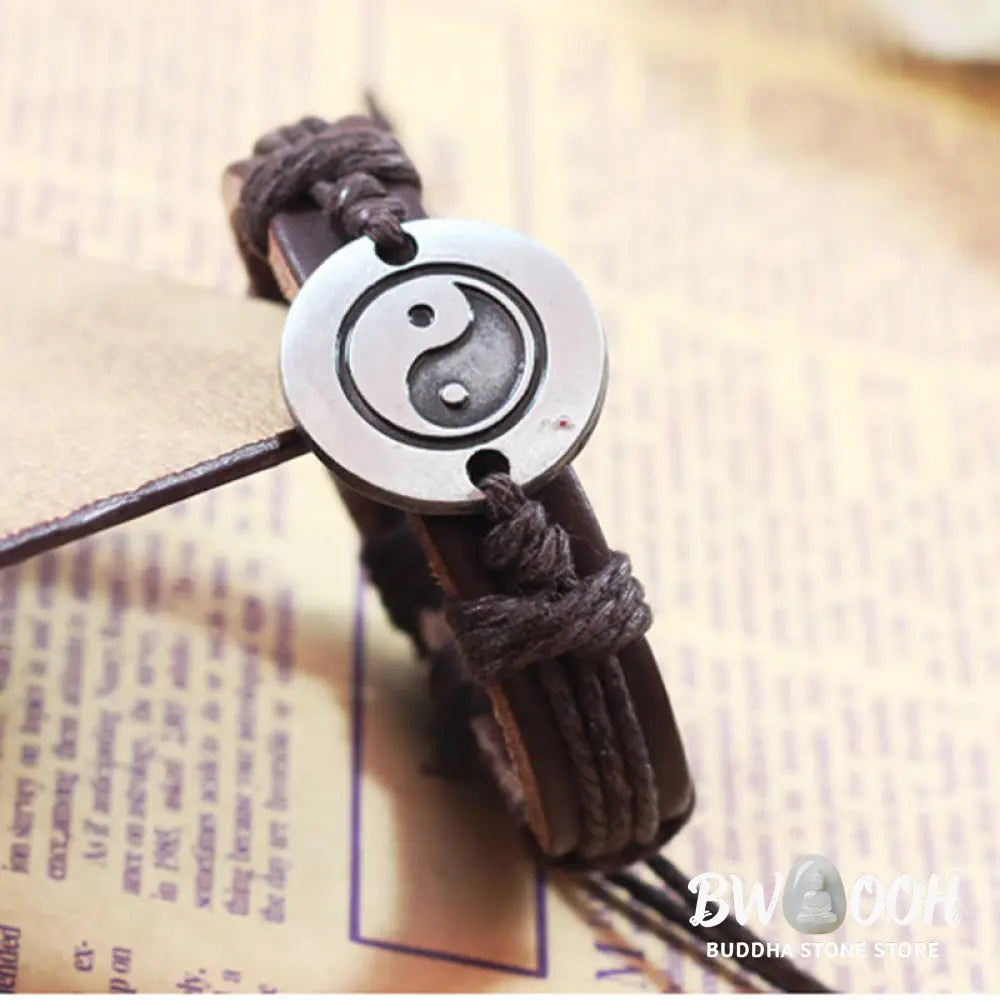 Buddha Stones Retro Yin Yang Leather Harmony String Bracelet - BWOOOH - Bracelet