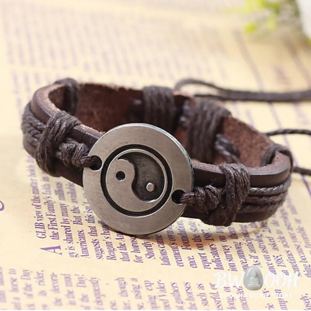 Buddha Stones Retro Yin Yang Leather Harmony String Bracelet - BWOOOH - Bracelet