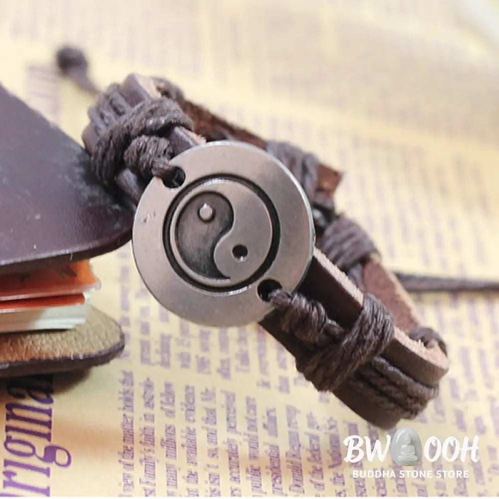 Buddha Stones Retro Yin Yang Leather Harmony String Bracelet - BWOOOH - Bracelet