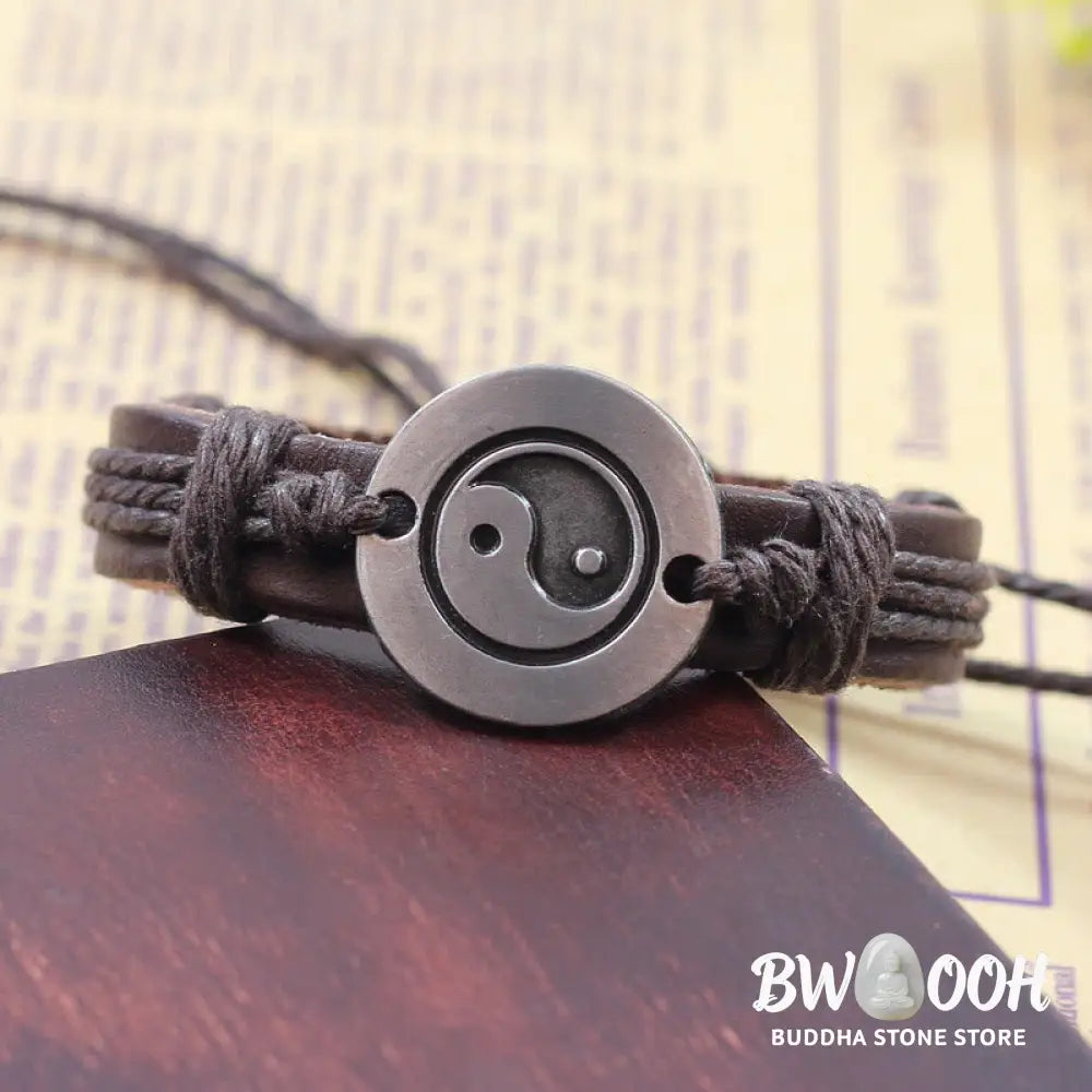 Buddha Stones Retro Yin Yang Leather Harmony String Bracelet - BWOOOH - Bracelet