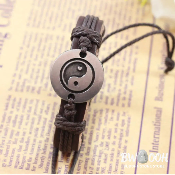 Buddha Stones Retro Yin Yang Leather Harmony String Bracelet - BWOOOH - Bracelet