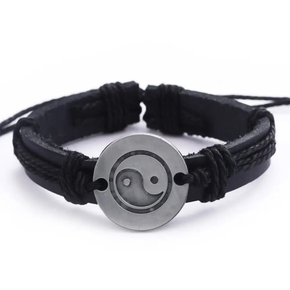 Buddha Stones Retro Yin Yang Leather Harmony String Bracelet - BWOOOH - Black(Bracelet Size 23cm) - Bracelet