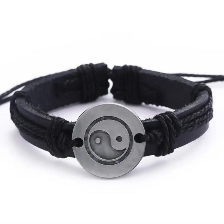 Buddha Stones Retro Yin Yang Leather Harmony String Bracelet - BWOOOH - Black(Bracelet Size 23cm) - Bracelet