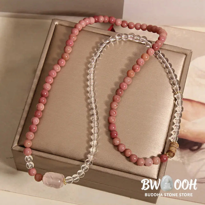 Buddha Stones Rhodonite Clear Quartz Rose Quartz PiXiu Triple Wrap Bracelet - Bracelet