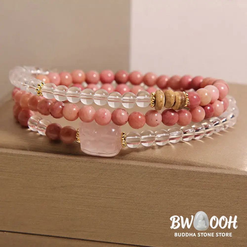 Buddha Stones Rhodonite Clear Quartz Rose Quartz PiXiu Triple Wrap Bracelet - Bracelet