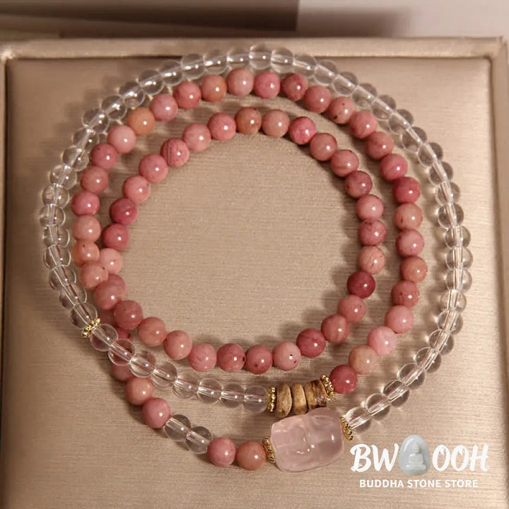 Buddha Stones Rhodonite Clear Quartz Rose Quartz PiXiu Triple Wrap Bracelet - Bracelet