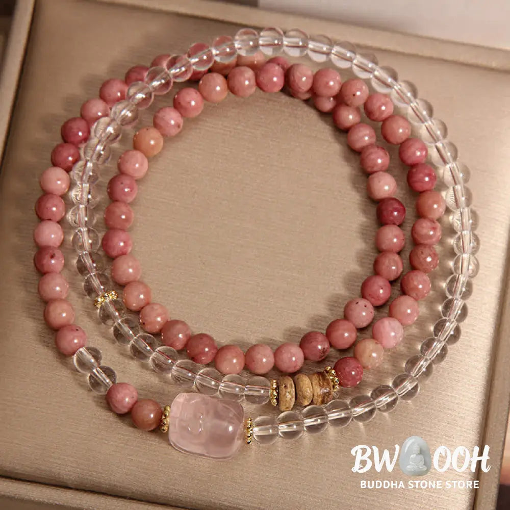 Buddha Stones Rhodonite Clear Quartz Rose Quartz PiXiu Triple Wrap Bracelet - Bracelet