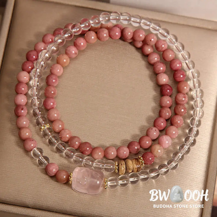 Buddha Stones Rhodonite Clear Quartz Rose Quartz PiXiu Triple Wrap Bracelet - Bracelet