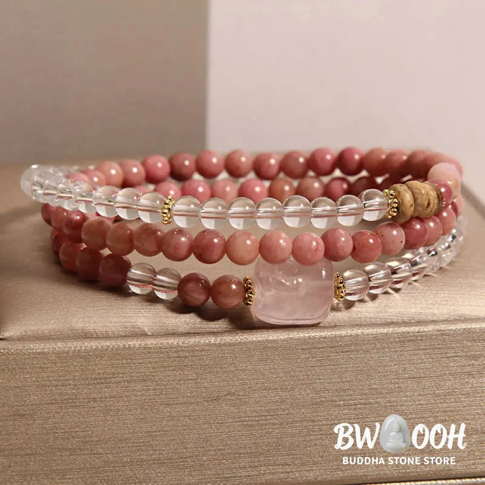 Buddha Stones Rhodonite Clear Quartz Rose Quartz PiXiu Triple Wrap Bracelet - Bracelet