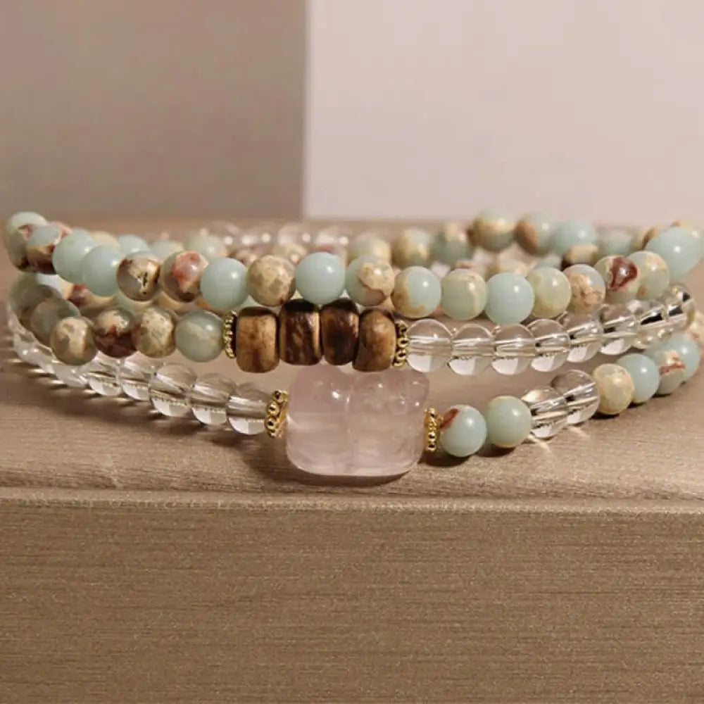 Buddha Stones Rhodonite Clear Quartz Rose Quartz PiXiu Triple Wrap Bracelet - Shoushan Stone(Wrist Circumference:17–18