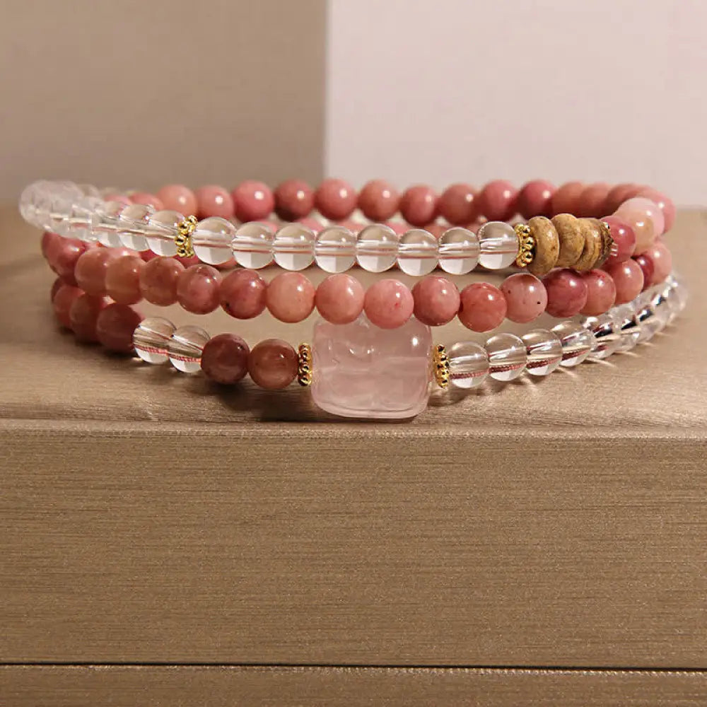 Buddha Stones Rhodonite Clear Quartz Rose Quartz PiXiu Triple Wrap Bracelet - Rhodonite(Wrist Circumference:17–18 cm)