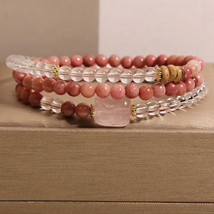 Buddha Stones Rhodonite Clear Quartz Rose Quartz PiXiu Triple Wrap Bracelet - Rhodonite(Wrist Circumference:17–18 cm)