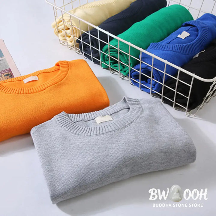 Buddha Stones Ribbed Design Pure Cotton Thermal Men’s Crew Neck Long Sleeve Sweater - Men’s Sweater