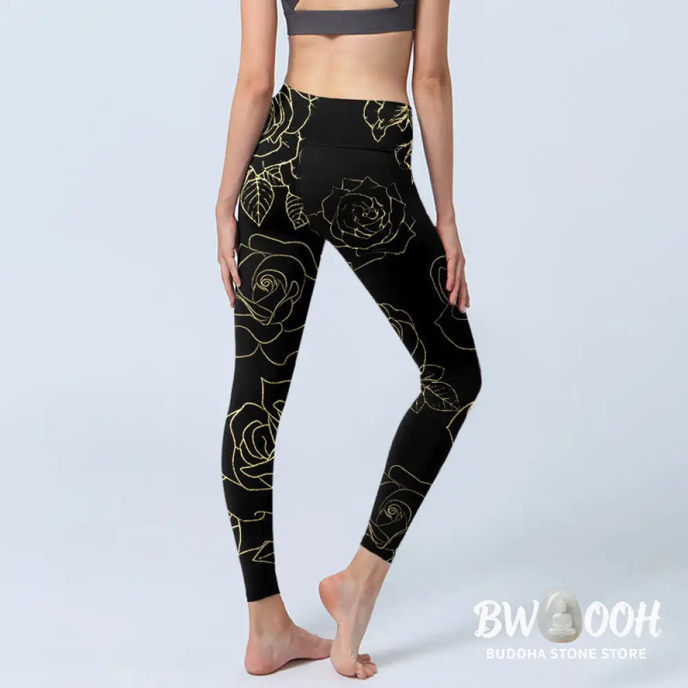 BWOOOH printed yoga leggings - Rose Flower Leaves Golden Line Pattern P