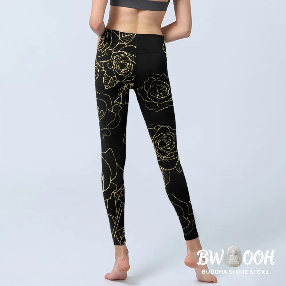 BWOOOH printed yoga leggings - Rose Flower Leaves Golden Line Pattern P