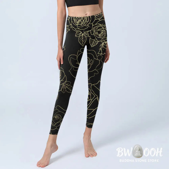 BWOOOH printed yoga leggings - Rose Flower Leaves Golden Line Pattern P
