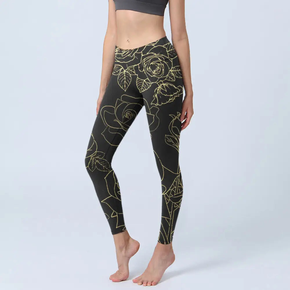 BWOOOH printed yoga leggings - Rose Flower Leaves Golden Line Pattern P