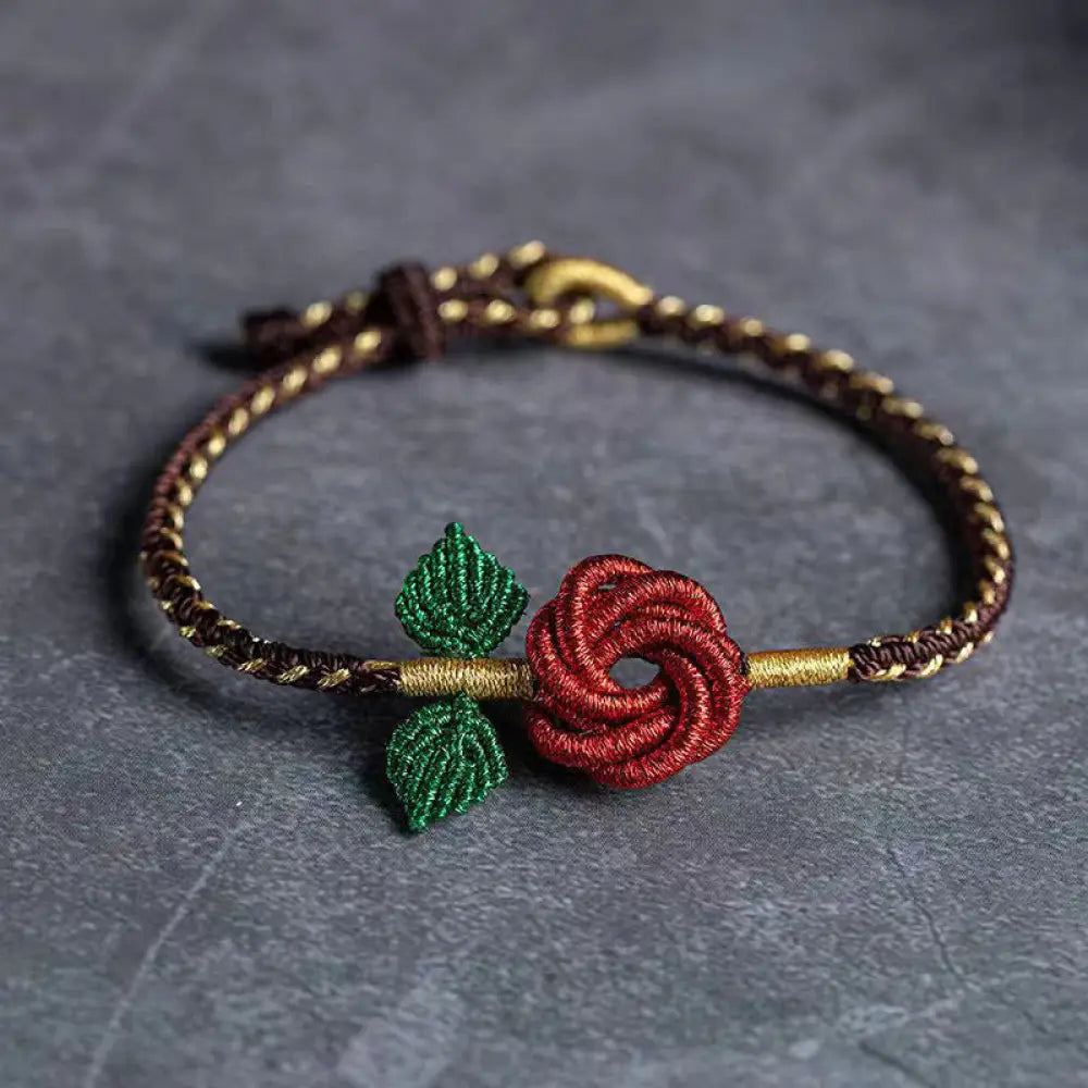 BWOOOH Rose Flower Rope Eight Thread Peace Knot Luck Handmade Bracelet - BWOOOH - Red Brown(Wrist Circumference