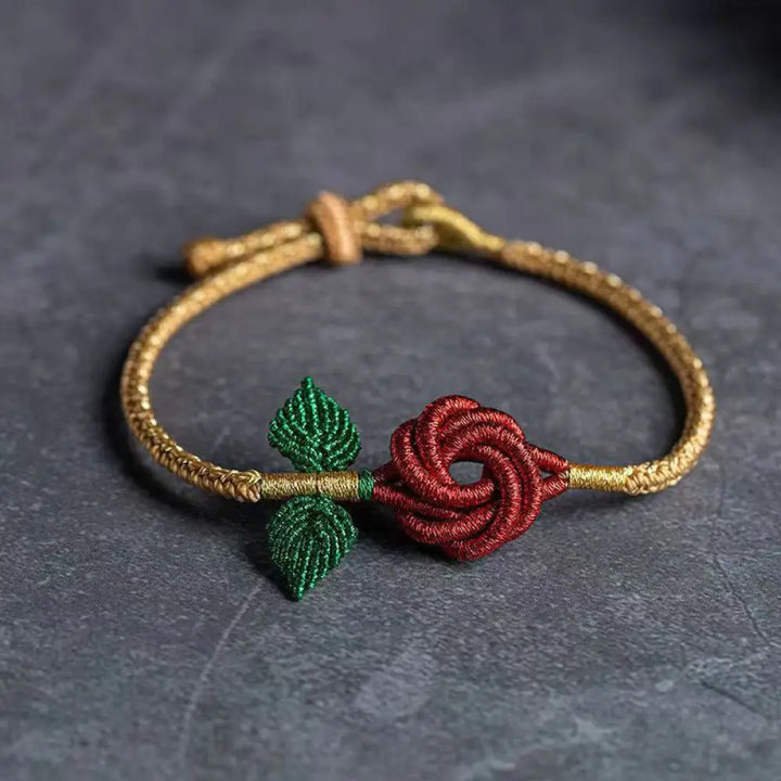 Buddha Stones Rose Flower Rope Eight Thread Peace Knot Luck Handmade Bracelet - BWOOOH - Red Khaki(Wrist Circumference