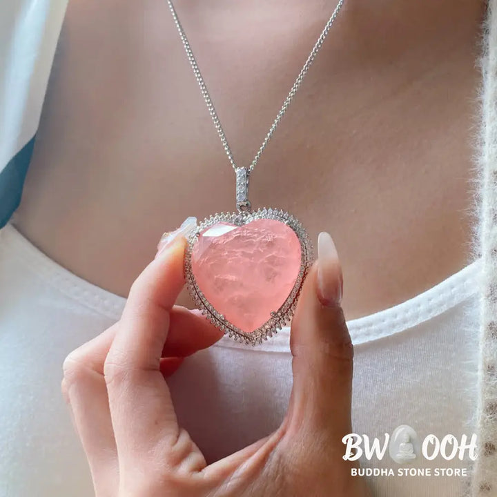 Buddha Stones Rose Quartz Crystal Love Heart Relationships Necklace Pendant - BWOOOH - Rose Quartz(Loving
