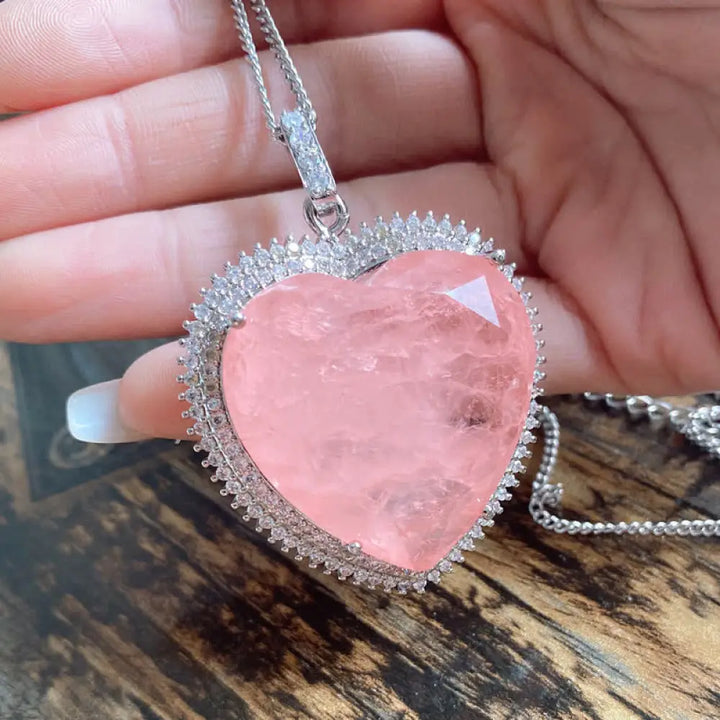 BWOOOH Rose Quartz Crystal Love Heart Relationships Necklace Pendant — 32×32mm natural rose quartz heart pendant in gold copper for love, compassion and healing