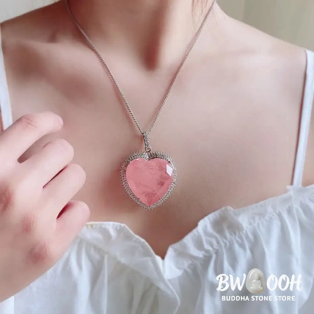 Buddha Stones Rose Quartz Crystal Love Heart Relationships Necklace Pendant - BWOOOH - Rose Quartz(Loving