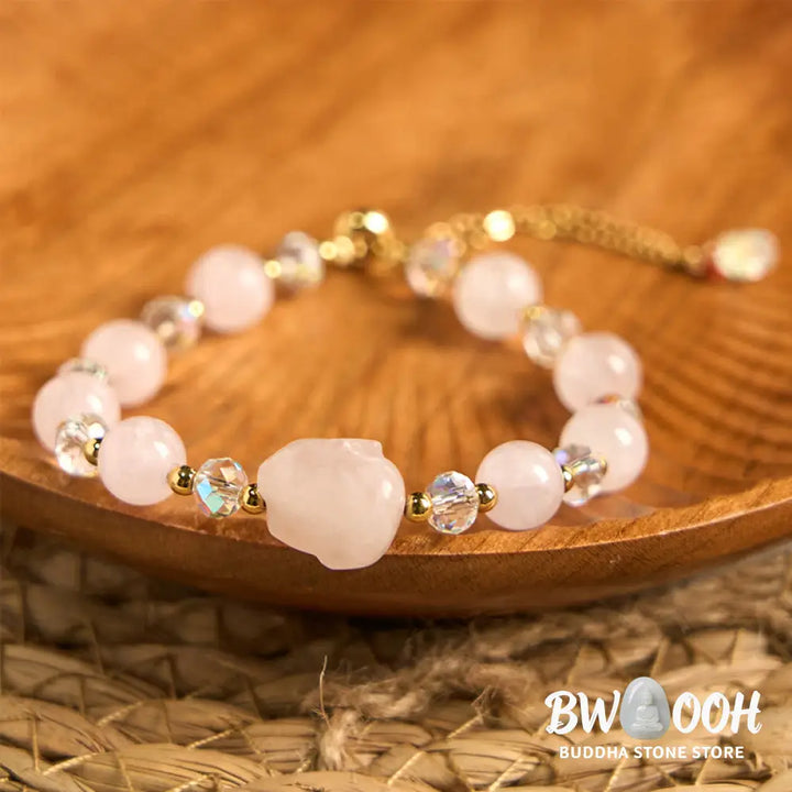 Buddha Stones Rose Quartz Crystal Rabbit Healing Chain Bracelet - BWOOOH - Rose Quartz(Wrist Circumference: 14-16cm)