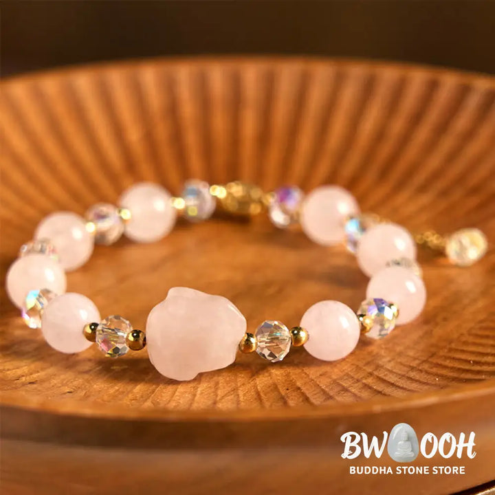 Buddha Stones Rose Quartz Crystal Rabbit Healing Chain Bracelet - BWOOOH - Rose Quartz(Wrist Circumference: 14-16cm)