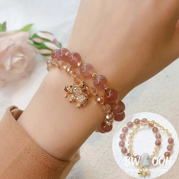 Buddha Stones Rose Quartz Elephant Healing Energy Charm Bracelet - BWOOOH - Bracelet