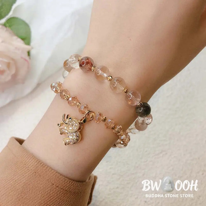 Buddha Stones Rose Quartz Elephant Healing Energy Charm Bracelet - BWOOOH - Bracelet