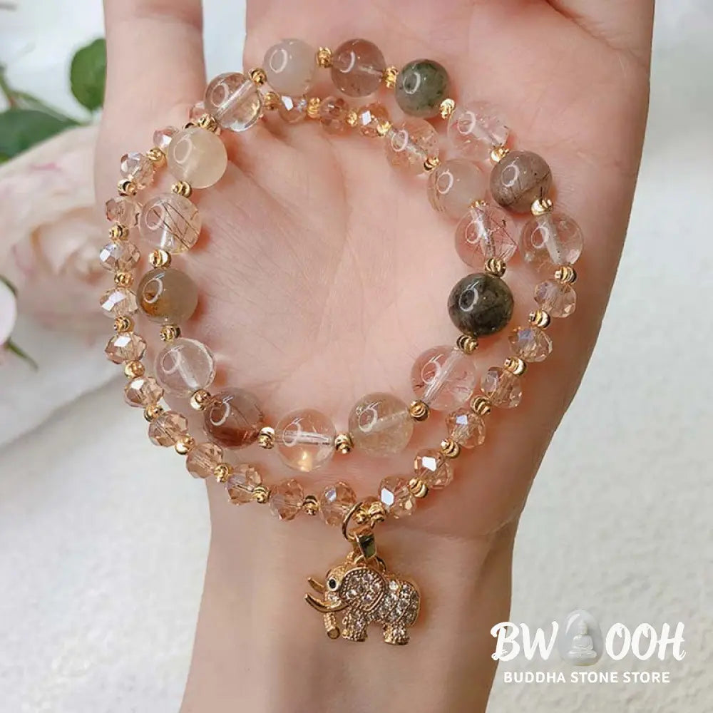 Buddha Stones Rose Quartz Elephant Healing Energy Charm Bracelet - BWOOOH - Bracelet