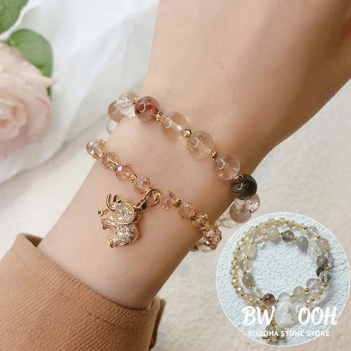 Buddha Stones Rose Quartz Elephant Healing Energy Charm Bracelet - BWOOOH - Bracelet