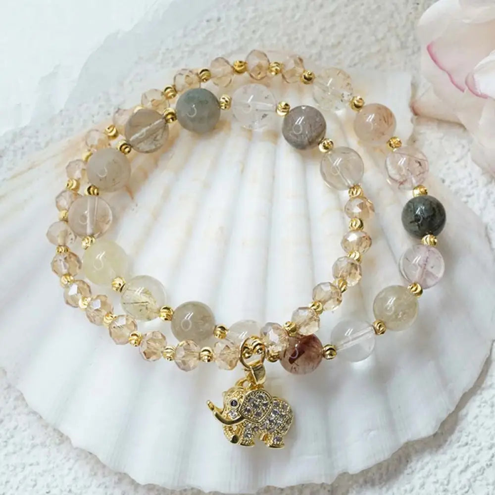 Buddha Stones Rose Quartz Elephant Healing Energy Charm Bracelet - BWOOOH - Rutilated Quartz - Bracelet