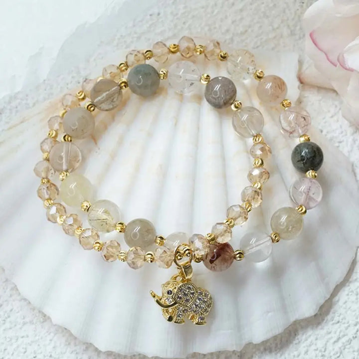 Buddha Stones Rose Quartz Elephant Healing Energy Charm Bracelet - BWOOOH - Rutilated Quartz - Bracelet