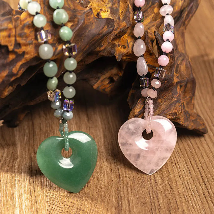 Buddha Stones Rose Quartz Green Aventurine Love Heart Beads Luck Necklace Pendant - BWOOOH - Necklaces &amp; Pendants