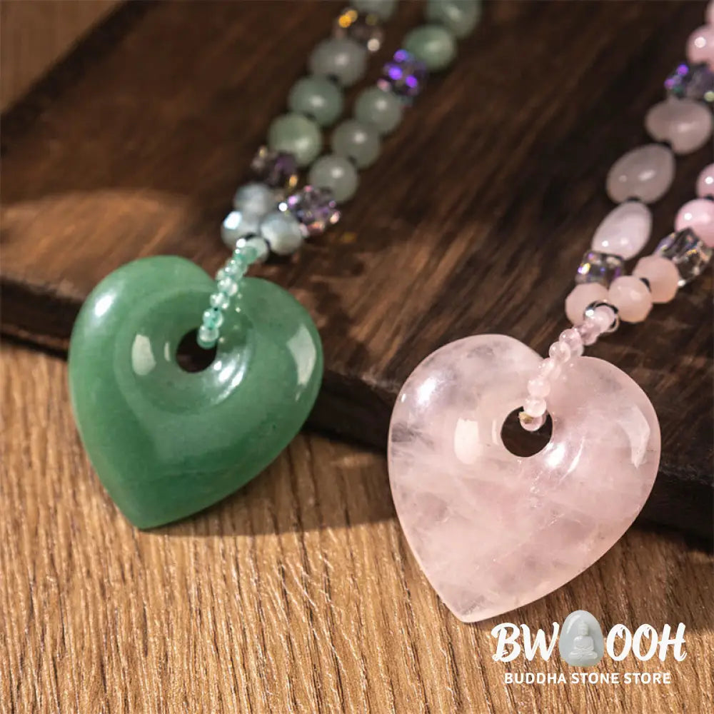 Buddha Stones Rose Quartz Green Aventurine Love Heart Beads Luck Necklace Pendant - BWOOOH - Necklaces &amp; Pendants