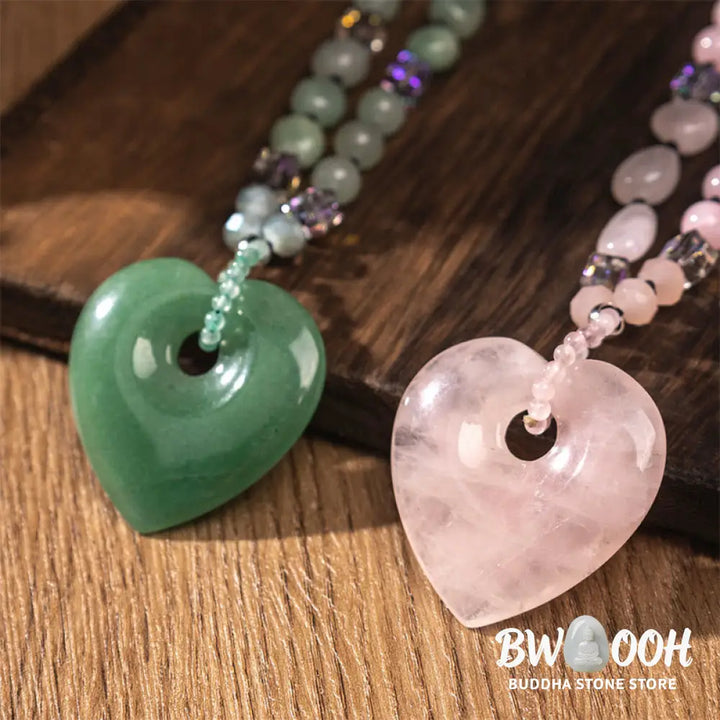 Buddha Stones Rose Quartz Green Aventurine Love Heart Beads Luck Necklace Pendant - BWOOOH - Necklaces &amp; Pendants