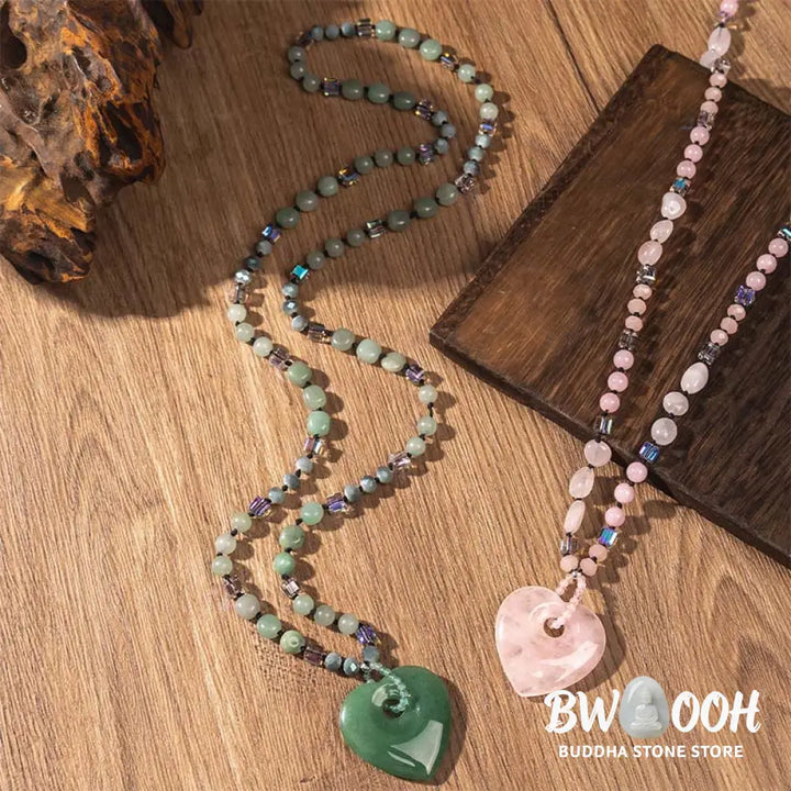 Buddha Stones Rose Quartz Green Aventurine Love Heart Beads Luck Necklace Pendant - BWOOOH - Necklaces &amp; Pendants