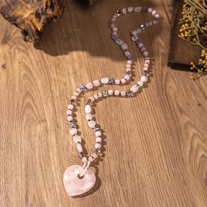 Buddha Stones Rose Quartz Green Aventurine Love Heart Beads Luck Necklace Pendant - BWOOOH - Rose Quartz - Necklaces &amp;