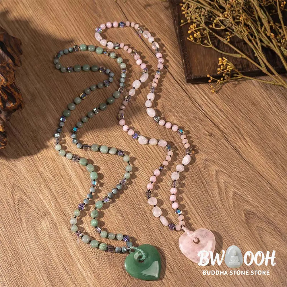 Buddha Stones Rose Quartz Green Aventurine Love Heart Beads Luck Necklace Pendant - BWOOOH - Necklaces &amp; Pendants