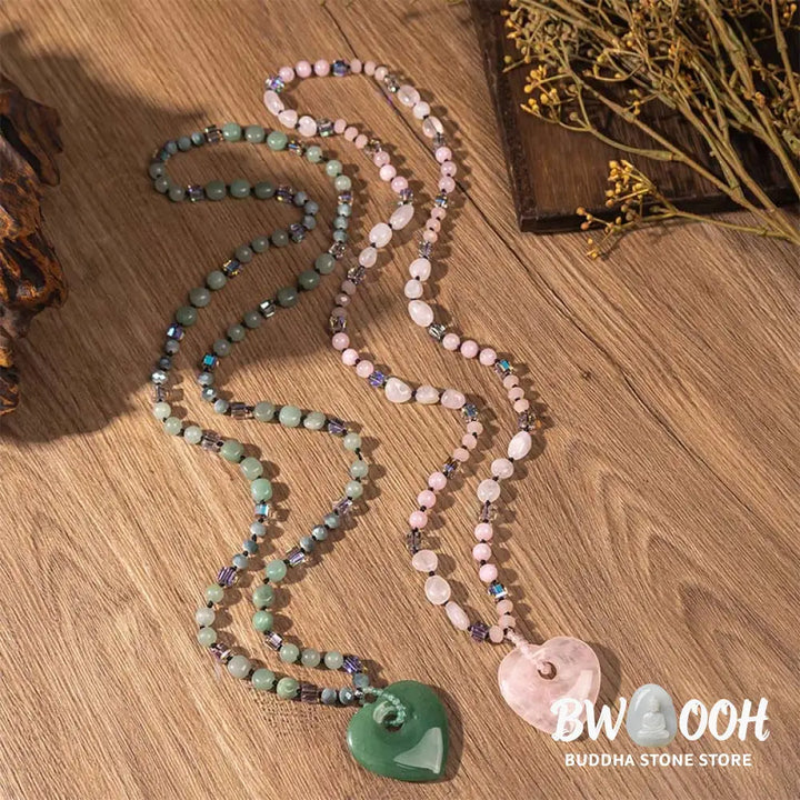 Buddha Stones Rose Quartz Green Aventurine Love Heart Beads Luck Necklace Pendant - BWOOOH - Necklaces &amp; Pendants
