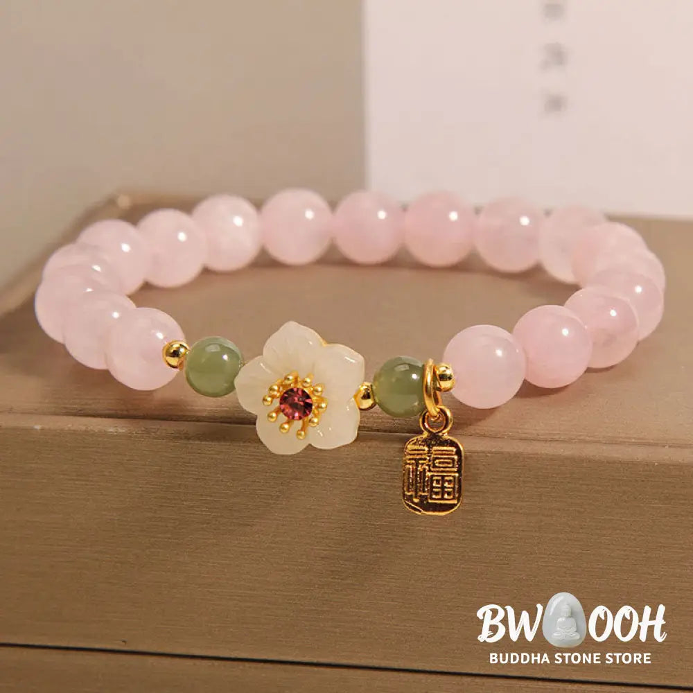 Buddha Stones Rose Quartz Peach Blossom Hetian Jade Fu Character Relationships Healing Bracelet - BWOOOH - Rose