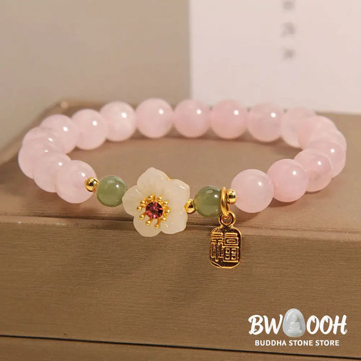 Buddha Stones Rose Quartz Peach Blossom Hetian Jade Fu Character Relationships Healing Bracelet - BWOOOH - Rose