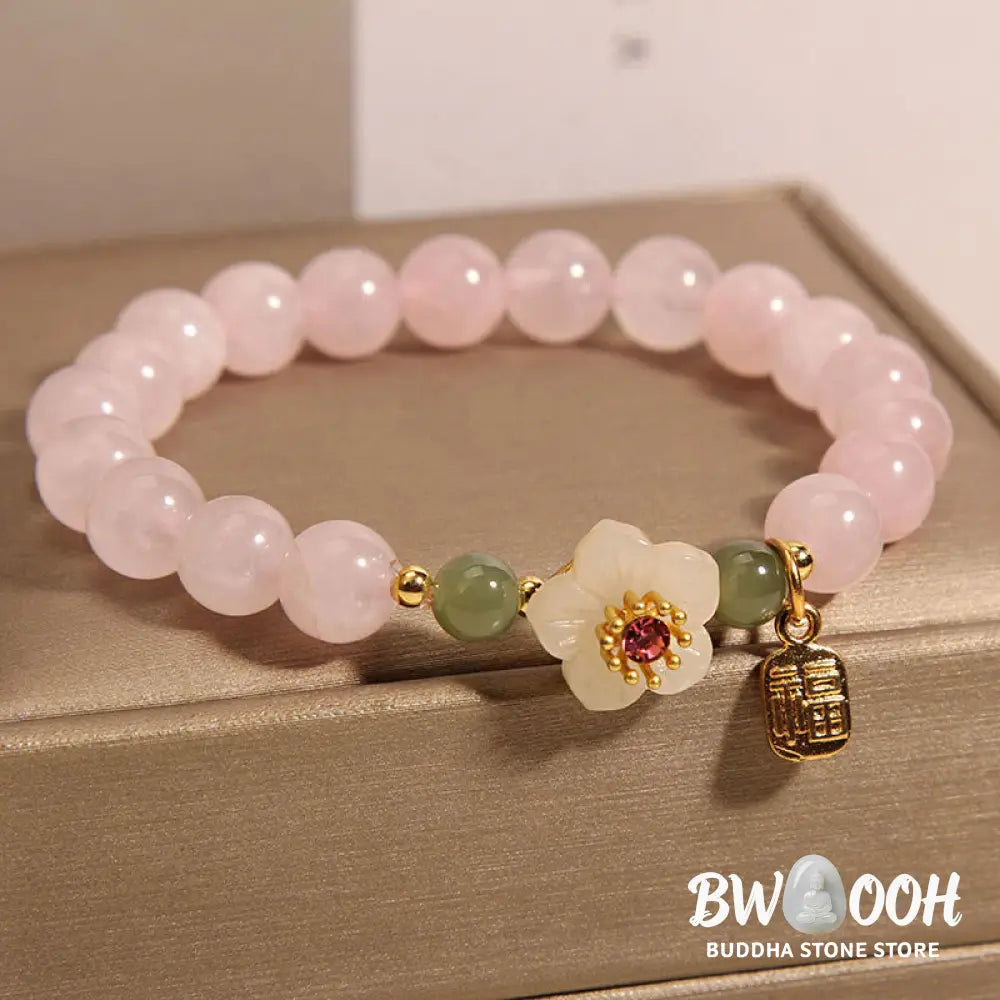 Buddha Stones Rose Quartz Peach Blossom Hetian Jade Fu Character Relationships Healing Bracelet - BWOOOH - Rose