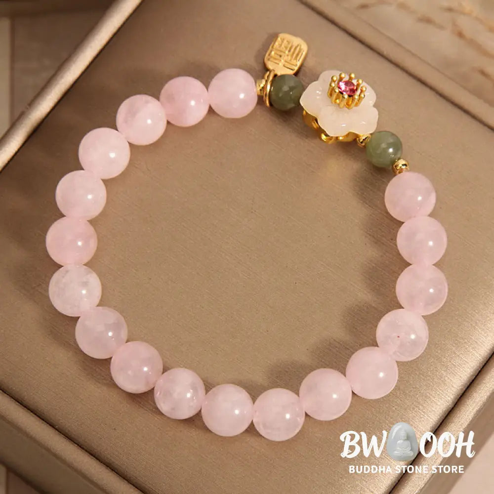 Buddha Stones Rose Quartz Peach Blossom Hetian Jade Fu Character Relationships Healing Bracelet - BWOOOH - Rose