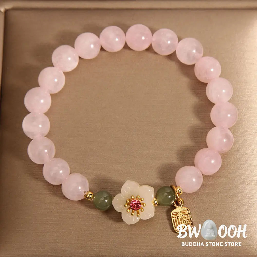 Buddha Stones Rose Quartz Peach Blossom Hetian Jade Fu Character Relationships Healing Bracelet - BWOOOH - Rose