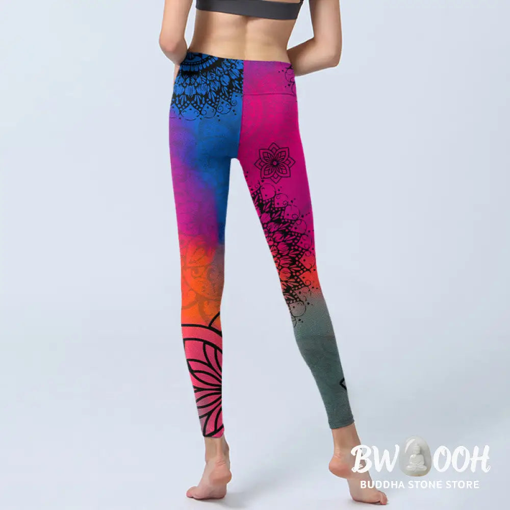 BWOOOH mandala print yoga leggings - Rose Red Blue Mandala Flower Print Gym L