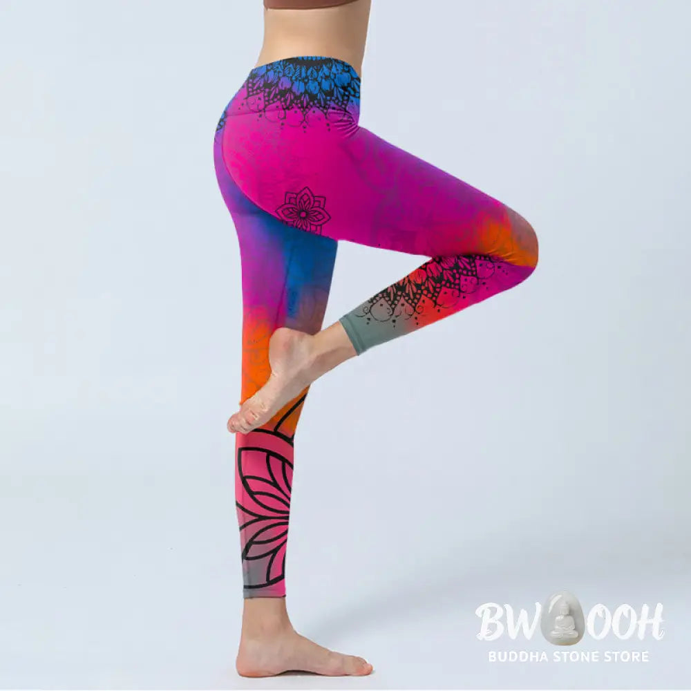 BWOOOH mandala print yoga leggings - Rose Red Blue Mandala Flower Print Gym L