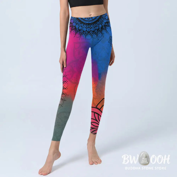 BWOOOH mandala print yoga leggings - Rose Red Blue Mandala Flower Print Gym L